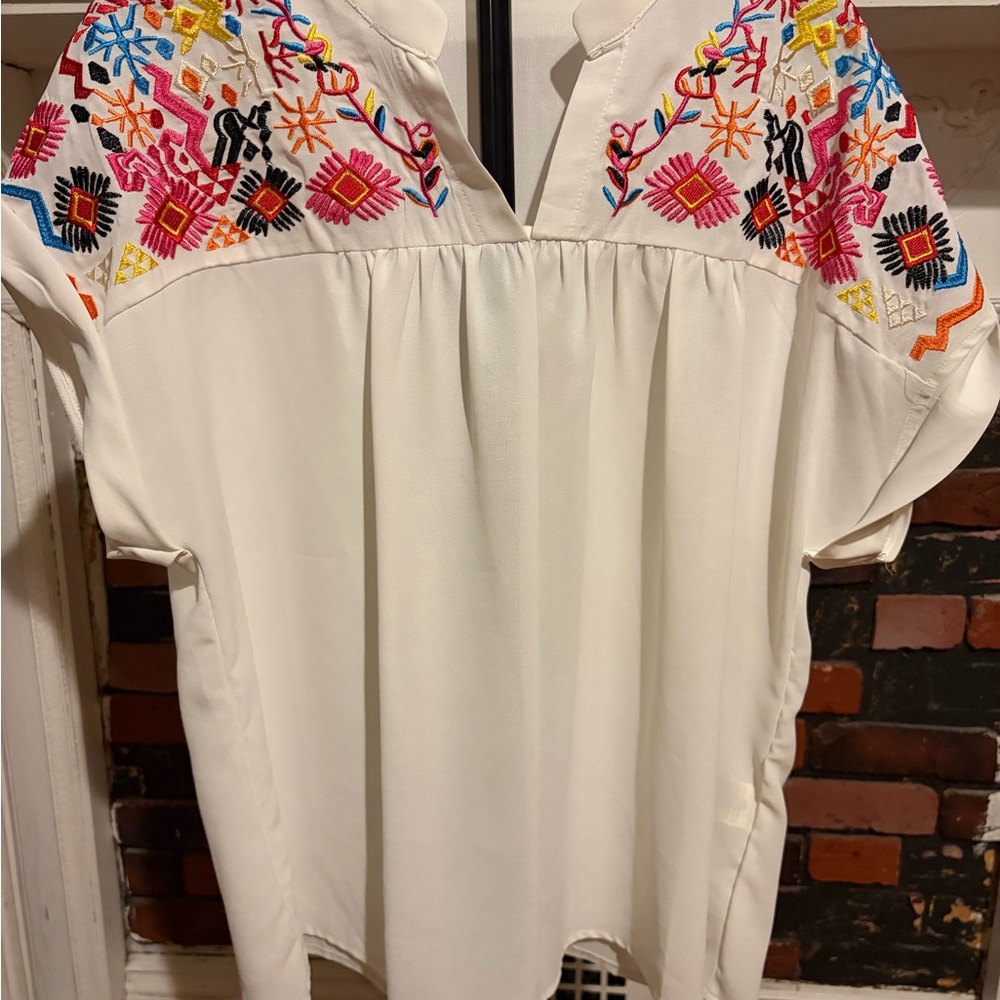 SHEIN White Boho Tunic Top with Multicolor Embroidery